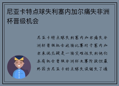 尼亚卡特点球失利塞内加尔痛失非洲杯晋级机会